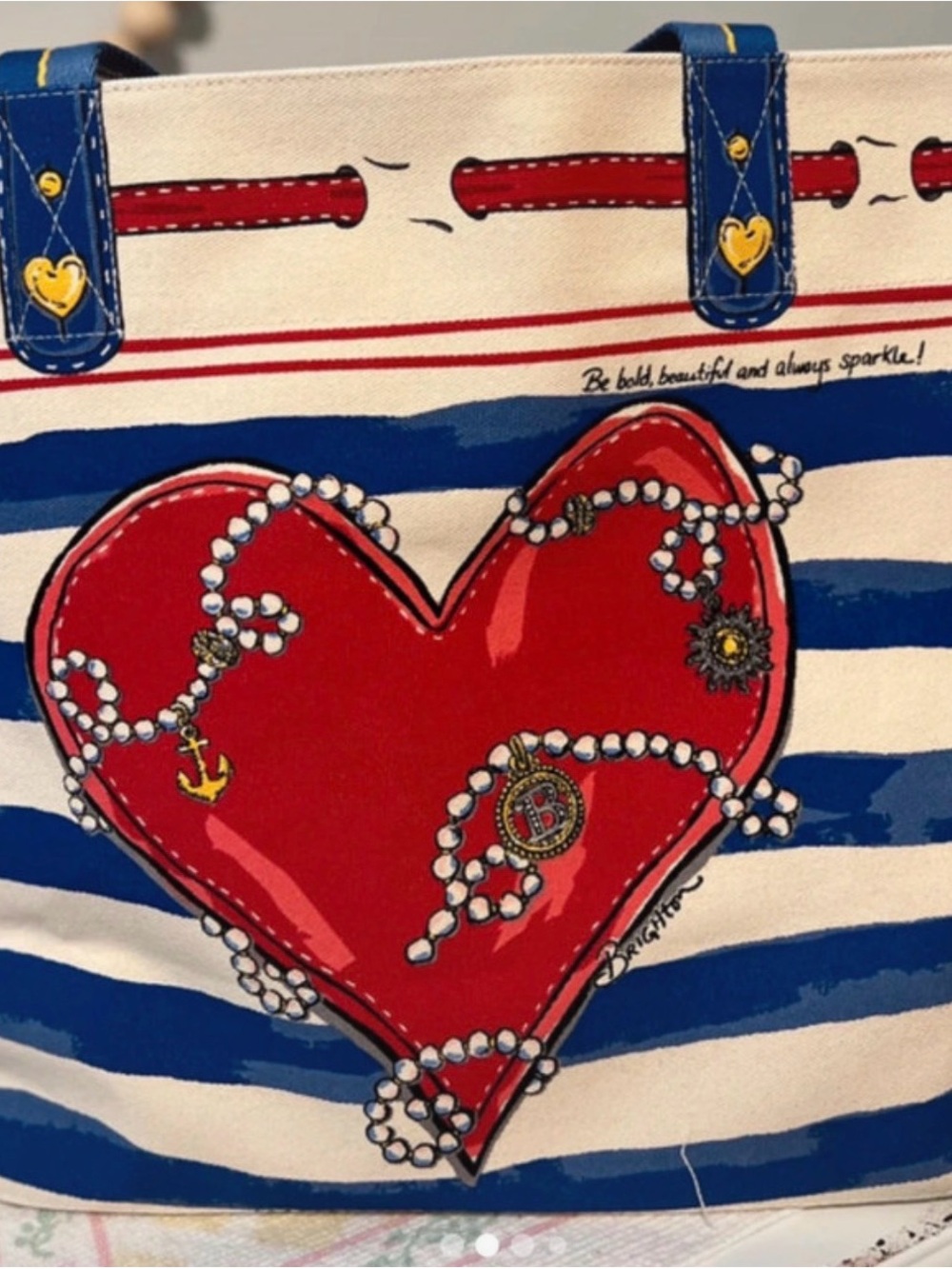 Brighton Blue & Red Striped Canvas Tote with 'Love' Script - Picture 2 of 3
